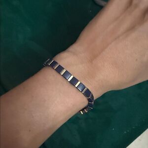 Navy Blue Enamel Beaded Stretch Bracelet with Gold Accents - LIKE NEW